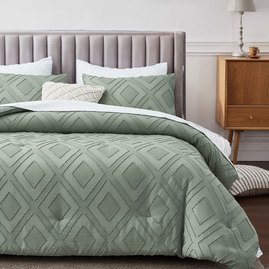 Boho Queen Comforter Set, Sage Green Rhombus Tufted Queen Size Comforter Set