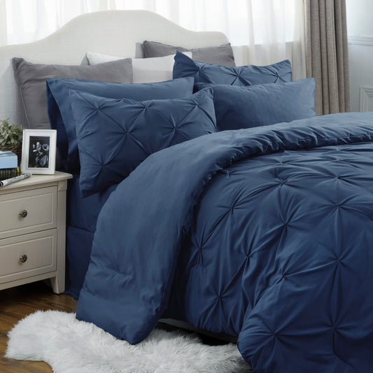 California King Comforter Set - Cal King Bed Set 7 Pieces, Pinch Pleat Navy Blue Cali King