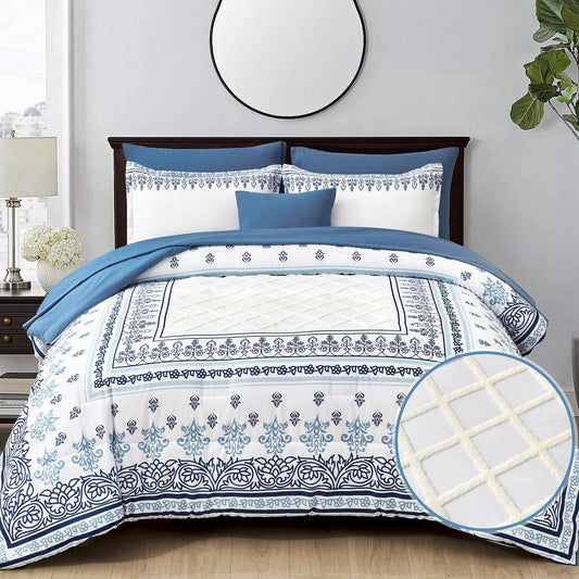 Boho Queen Comforter Set - 8 Pieces Blue Floral White Tufted Bedding Bed in a Bag Sets