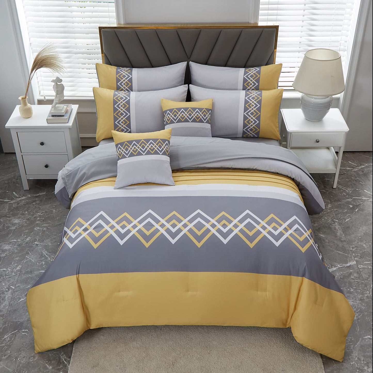 Patchwork Stripe Comforter Set Queen Size,6 Pieces Bed in A Bag,Grey and Yellow Patchwork Striped Comforter and Sheet Set,