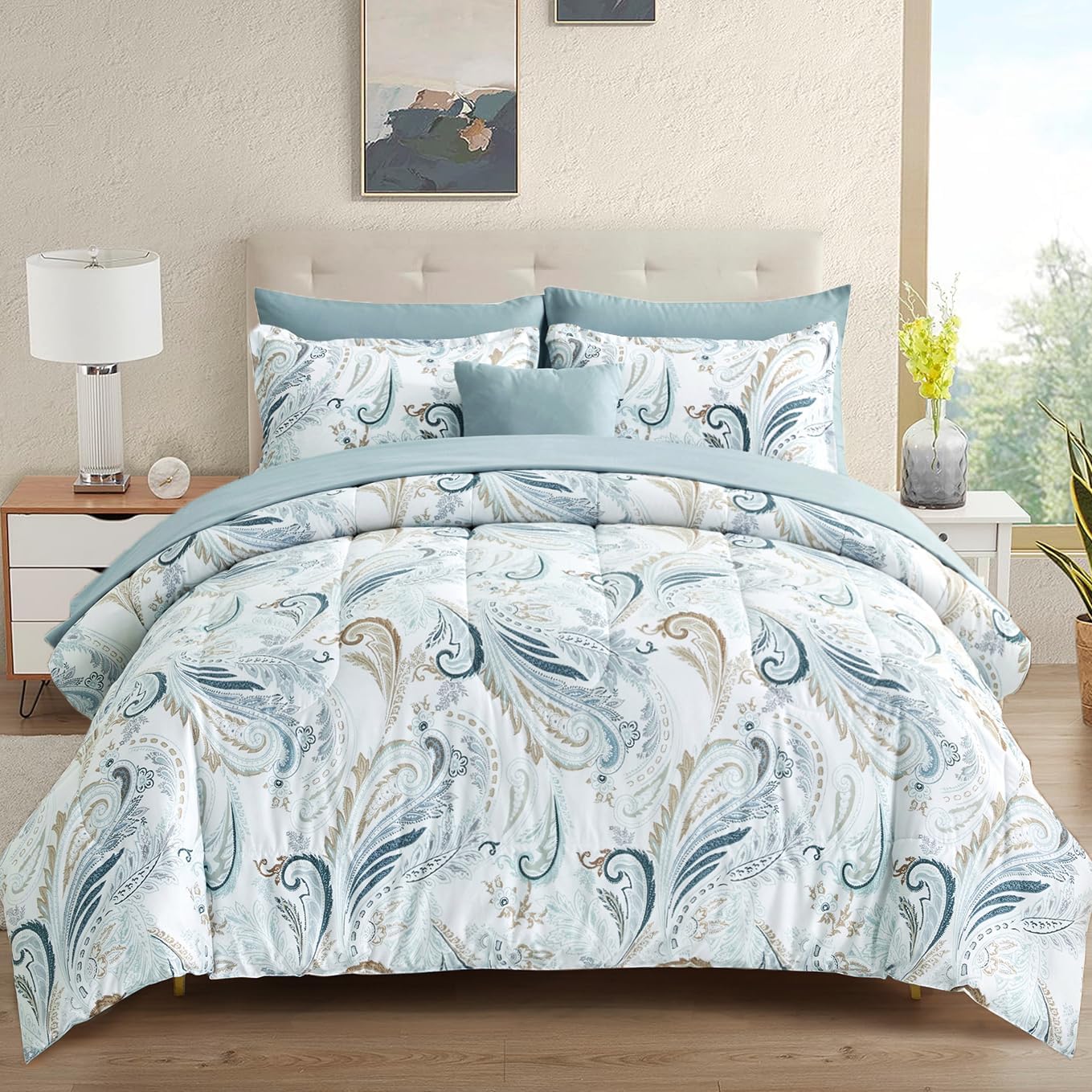 Boho Comforter Set Queen, 8 Pieces Bed in a Bag Blue Paisley Floral Comforter Set