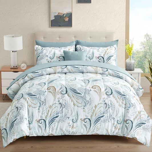Boho Comforter Set Queen, 8 Pieces Bed in a Bag Blue Paisley Floral Comforter Set