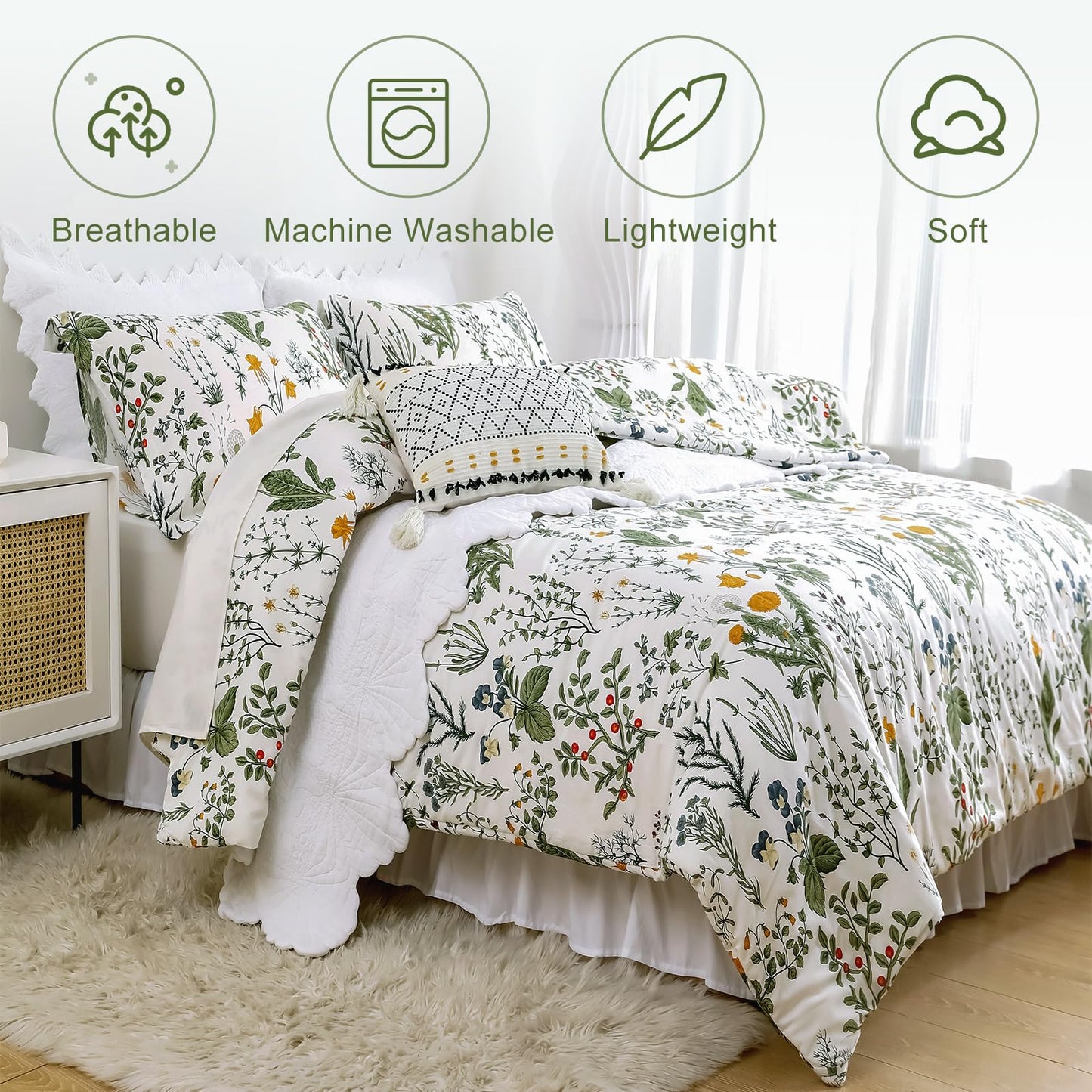 Floral Full Size Comforter Set, Sage Green Floral Bedding Cotton Comforter Set, Yellow Flower Botanical Pattern Printed Bedding Sets