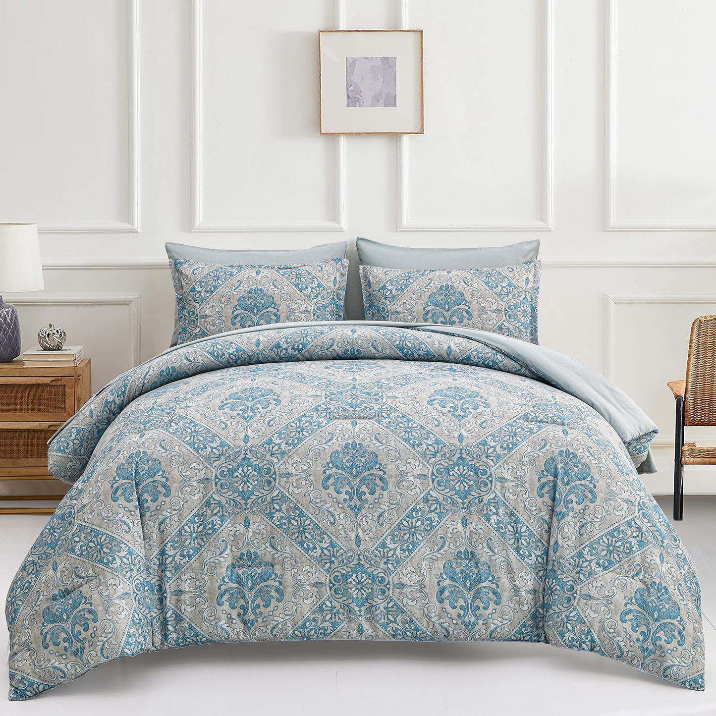Blue Comforter Set Queen Size 7 Piece Damask Pattern Bed in a Bag Boho Paisley Bedding