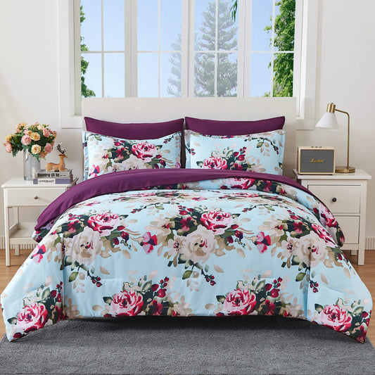7 Piece Bed in a Bag, Floral Comforter Set Queen Size, Watercolor Blooms Print Design