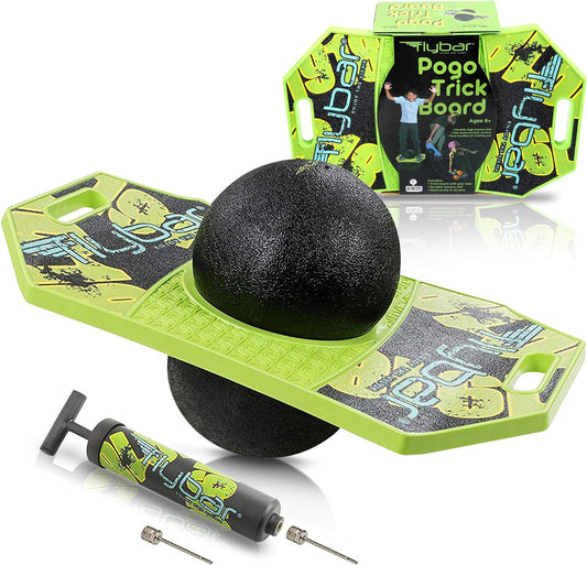 Flybar Pogo Trick Ball for Kids, Trick Bounce Board for Boys and Girls Ages 6+, Up to 160 lbs, Includes Pump, Easy to Carry Handle, Durable Plastic Deck Indoor, Outdoor Toy Pogo Jumper