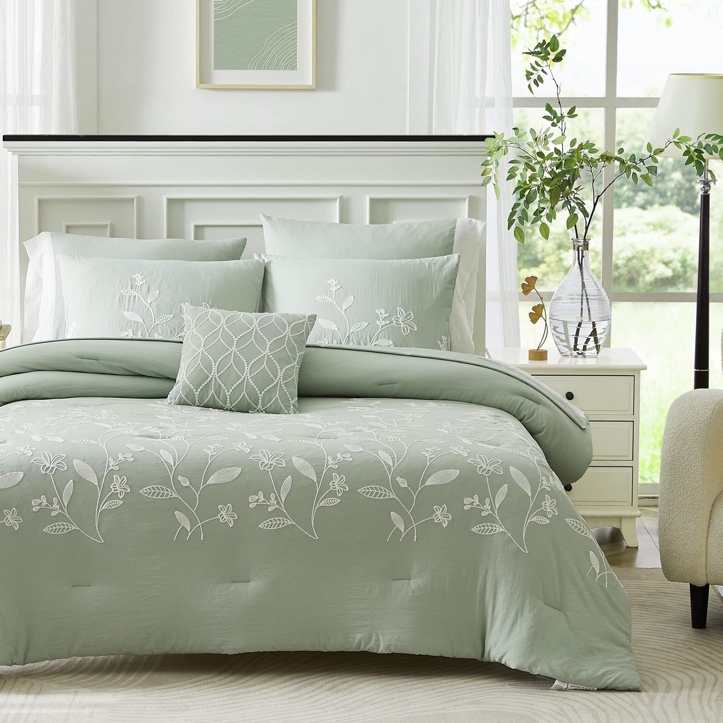 Sage Green Bedding Sets Queen Comforter, Floral Embroidery Queen Bed Set