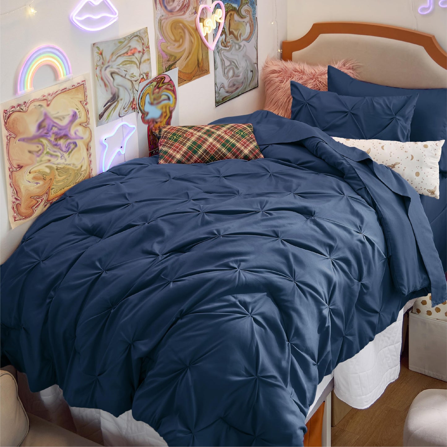 Twin/Twin XL Comforter Set with Sheets - 5 Pieces Twin Bedding Sets, Pinch Pleat Navy