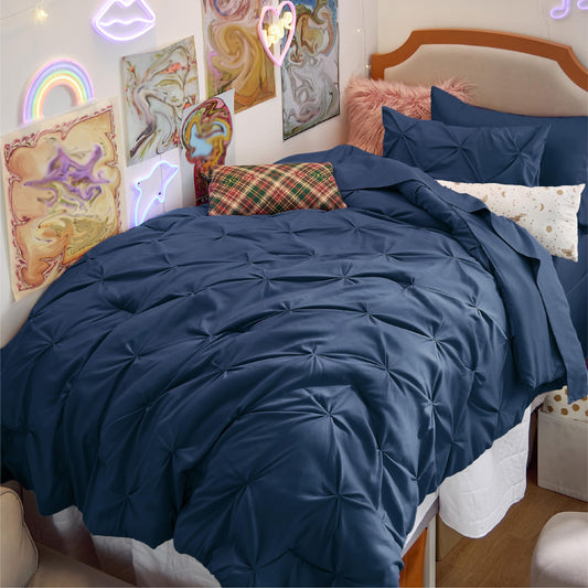 Twin/Twin XL Comforter Set with Sheets - 5 Pieces Twin Bedding Sets, Pinch Pleat Navy