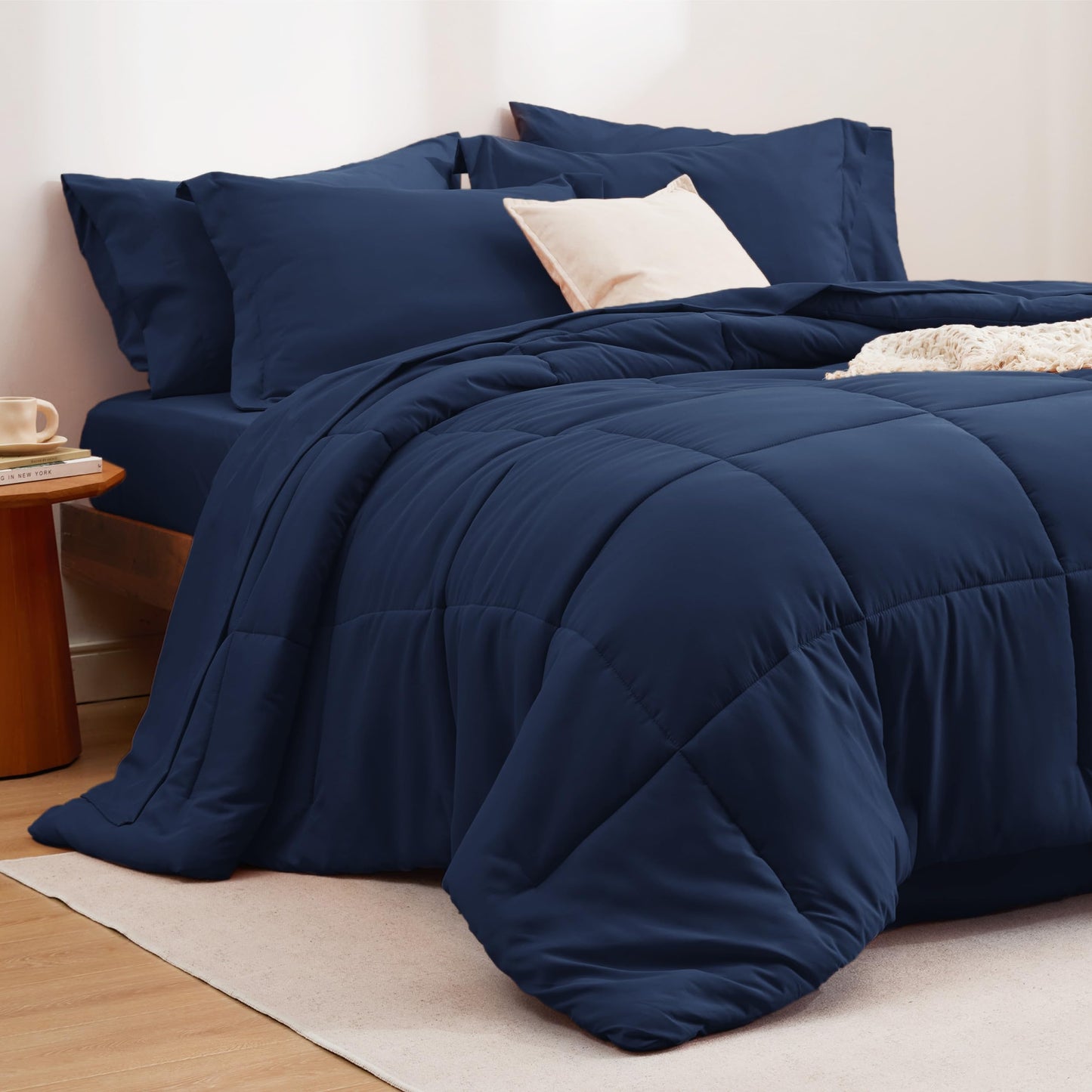 Navy King Comforter Set - 7 Pieces Solid King Bed in a Bag, King Bed Set Navy