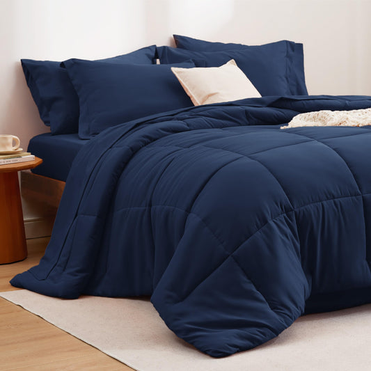 Navy King Comforter Set - 7 Pieces Solid King Bed in a Bag, King Bed Set Navy
