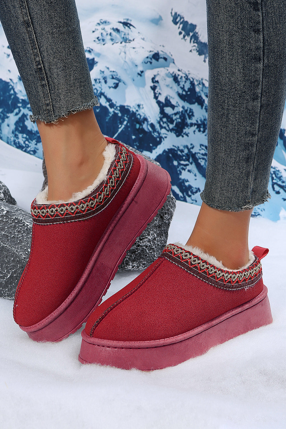 Fiery Red Suede Contrast Print Round Toe Plush Lined Flats