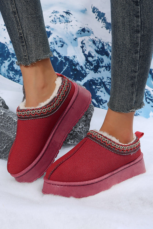 Fiery Red Suede Contrast Print Round Toe Plush Lined Flats
