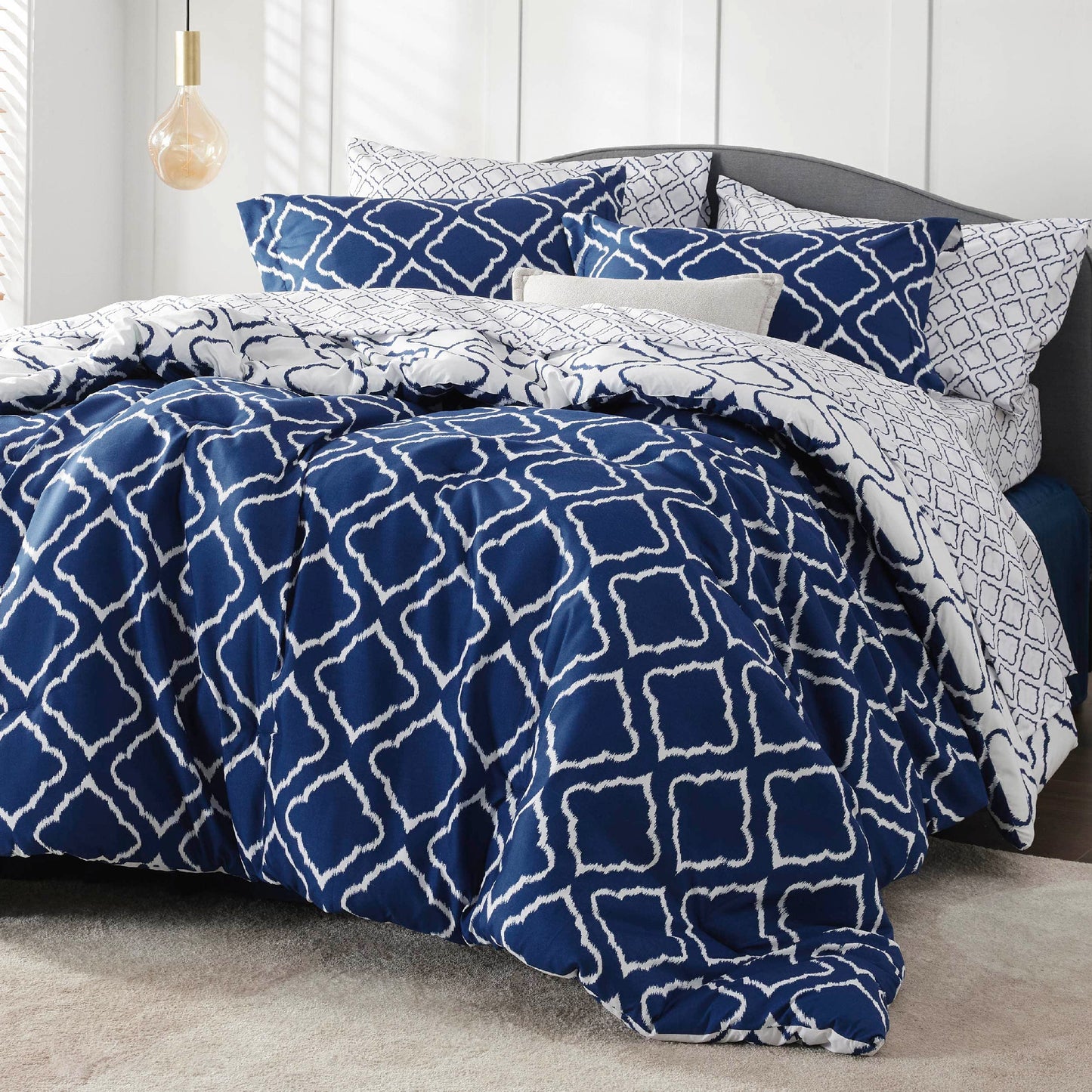 Queen Comforter Set 7 Pieces - Navy Blue Quatrefoil Comforters Queen Size
