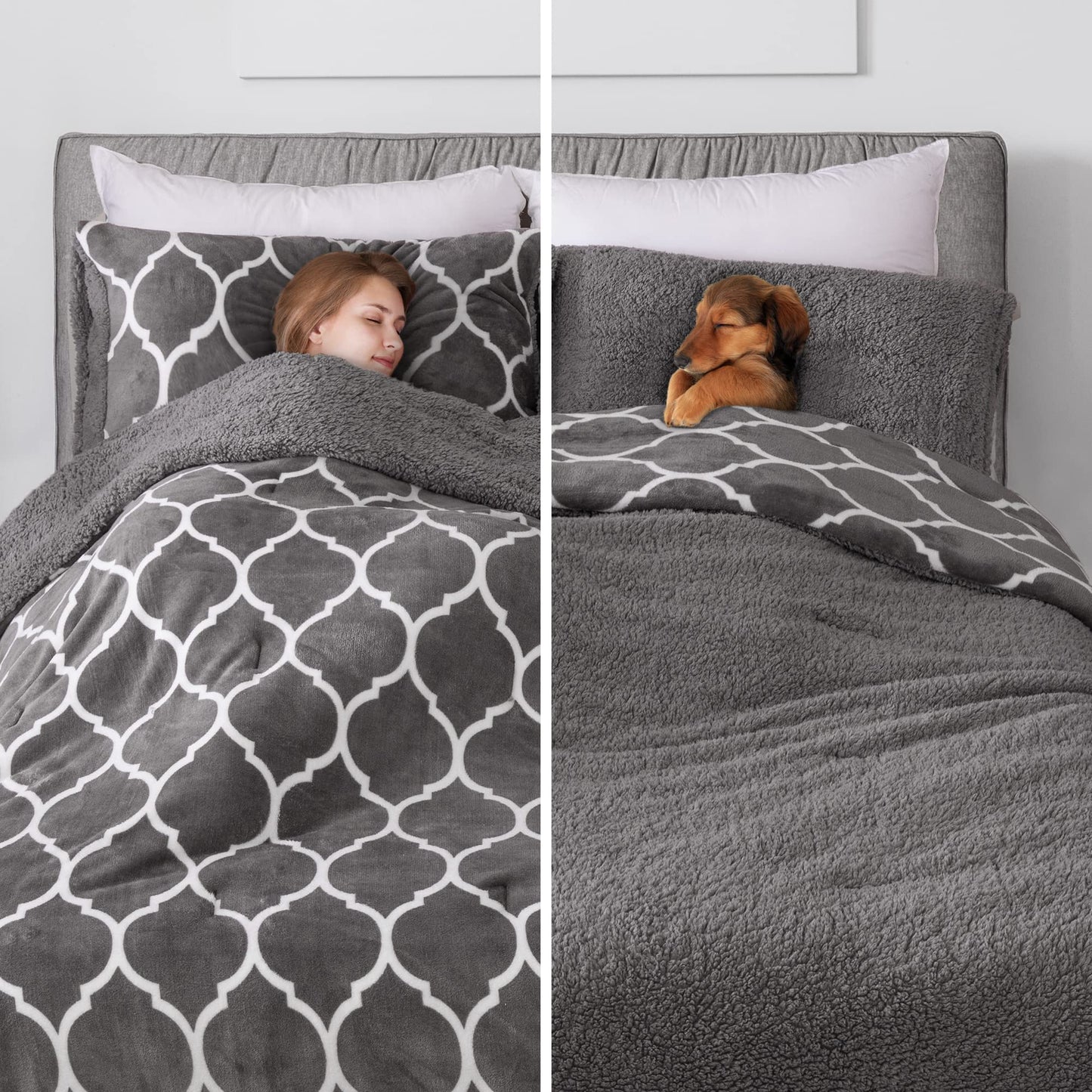 Sherpa Fleece Bedding Comforter Set Queen Size 3 Pieces, Reversible Fluffy Warm