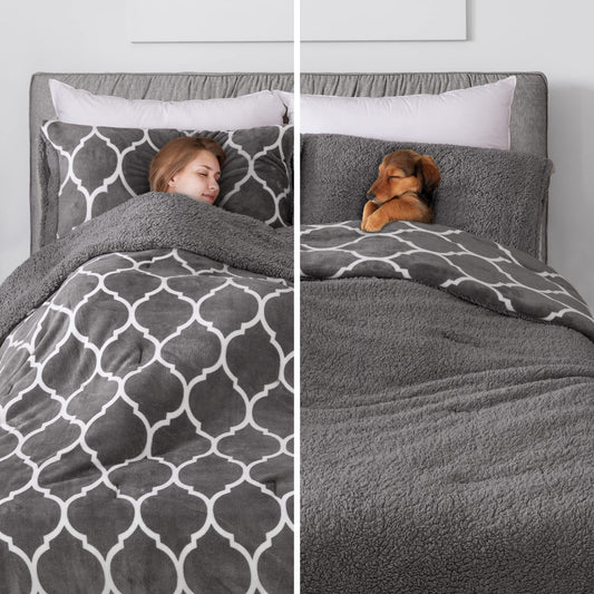 Sherpa Fleece Bedding Comforter Set Queen Size 3 Pieces, Reversible Fluffy Warm