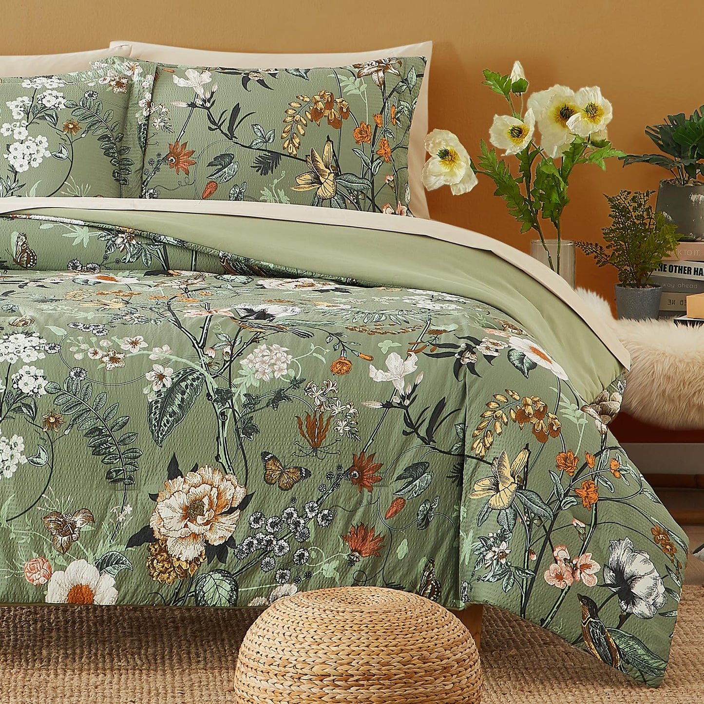Queen Comforter Set, 7 PCS Green Butterfly Floral Comforter Set with Flowers Leaves