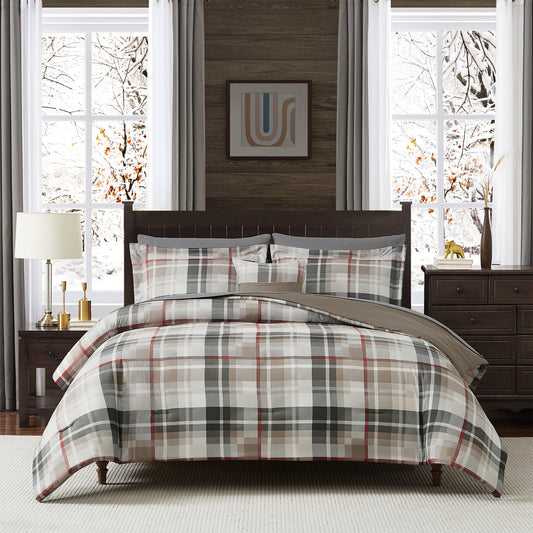 Queen Comforter Set, Plaid Design Comforter Set 7 Pieces, All Season Comfortable