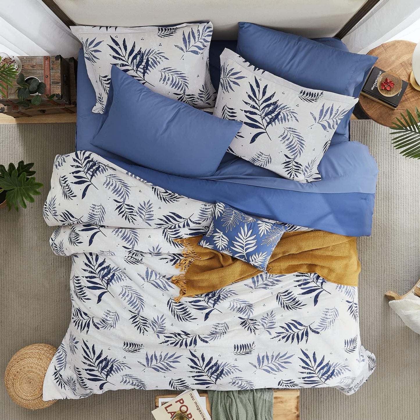 King Comforter Set, Textured Design Blue Leaves Printed Comforter King Size