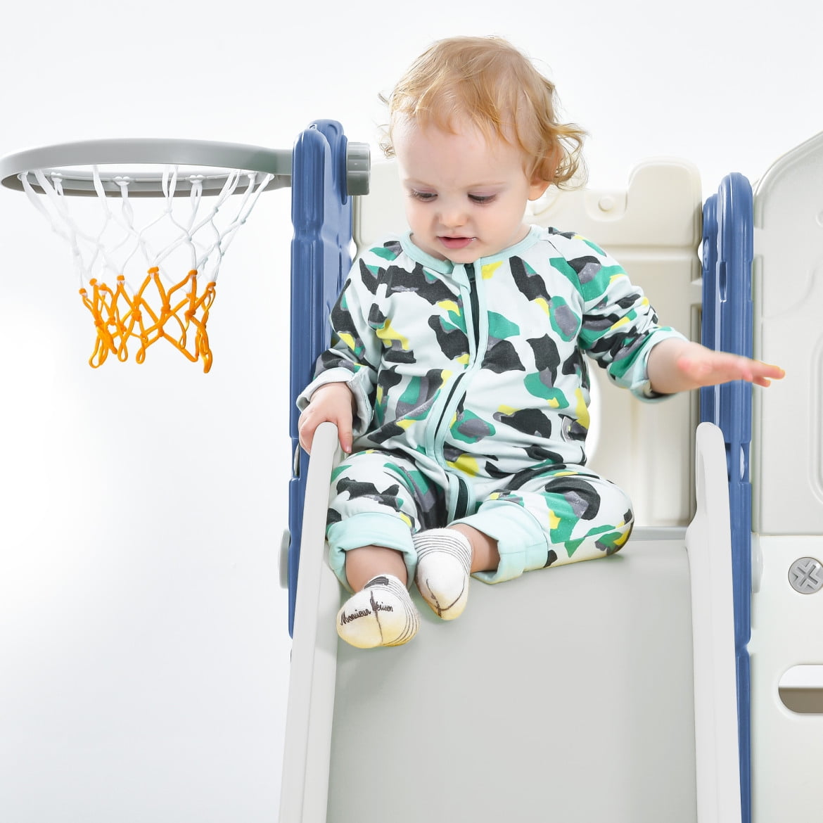 5 in 1 Slide Playset Structure, Freestanding Castle Climber with Slide and Basketball Hoop, Toy Storage Organizer for Toddlers, Kids Climbers Playhouse for Indoor Outdoor Playground Activity, Blue