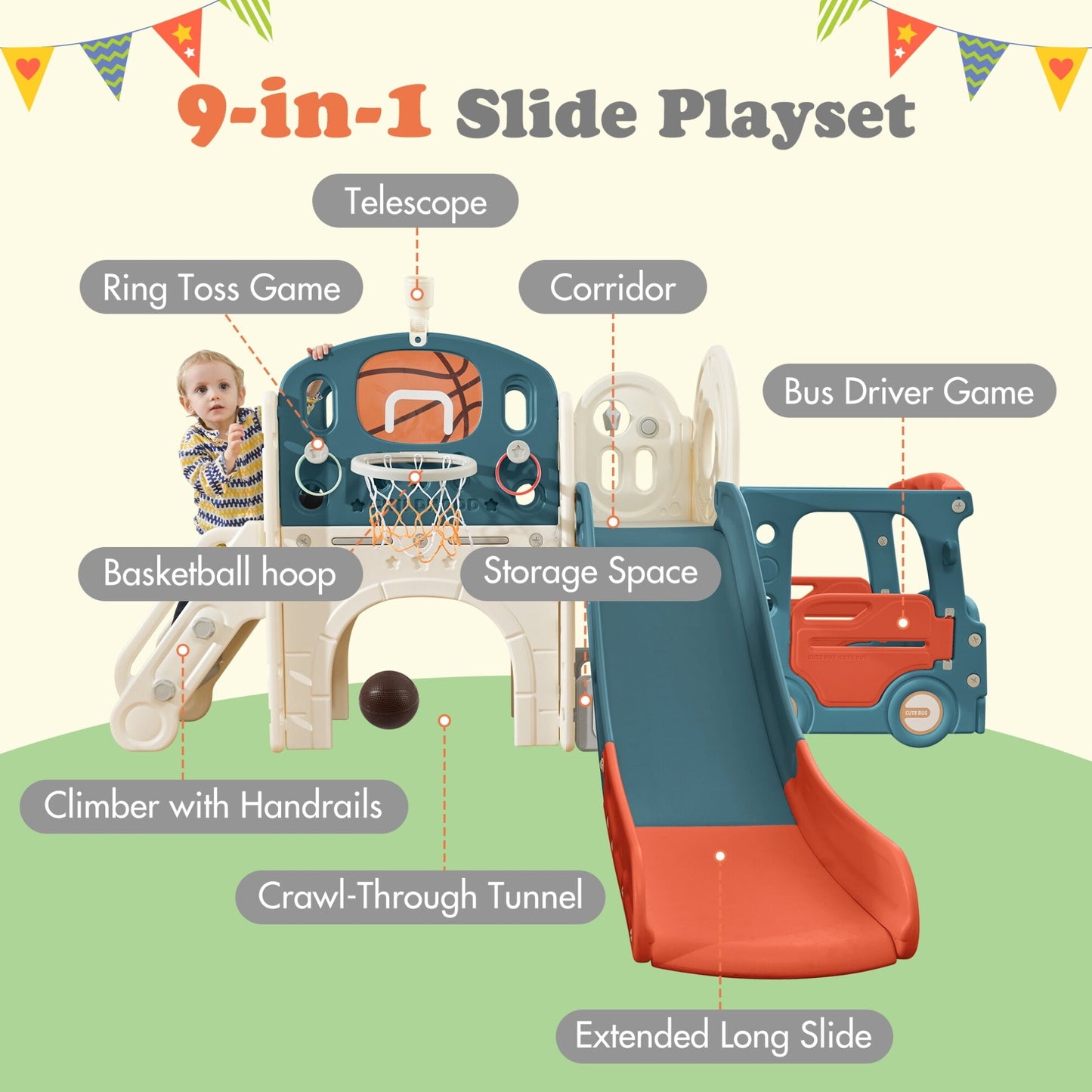 9 in 1 Kids Slide Playset, Freestanding Castle Climbing Crawling Playhouse with Slide, Arch Tunnel, Toss, Realistic Bus Model and Basketball Hoop, Toy Storage Organizer for Toddlers, Blue