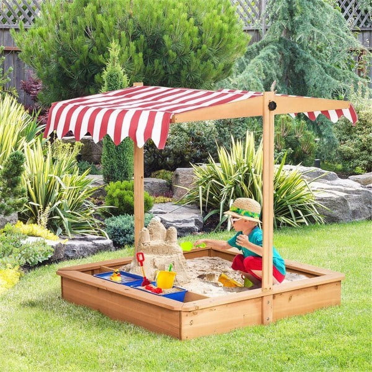 Adjustable Canopy Wooden Sandbox with Drainage System - 220.47 - Build a fun oasis for your kids with our sturdy sandbox!