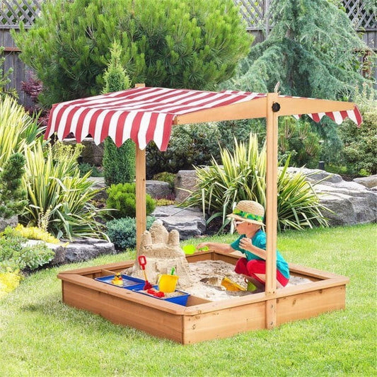 Adjustable Canopy Wooden Sandbox with Drainage System - 220.47 - Build a fun oasis for your kids with our sturdy sandbox!