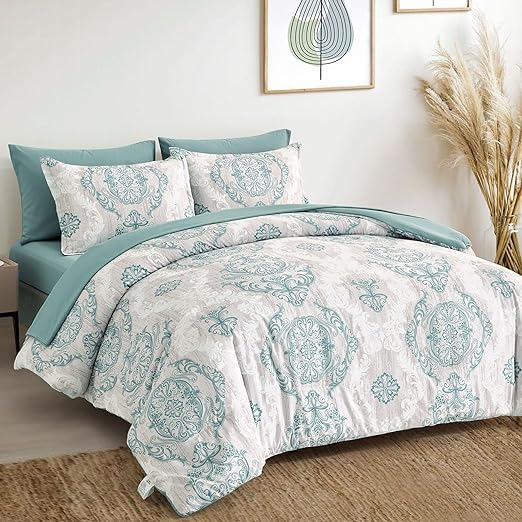 Blue Comforter Set Queen Size 7 Piece Damask Pattern Bed in a Bag Boho Paisley Bedding
