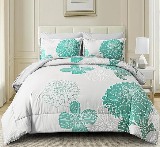7 Pieces Bed in a Bag Green Comforter Set Queen Floral Comforter Soft Microfiber Bedding