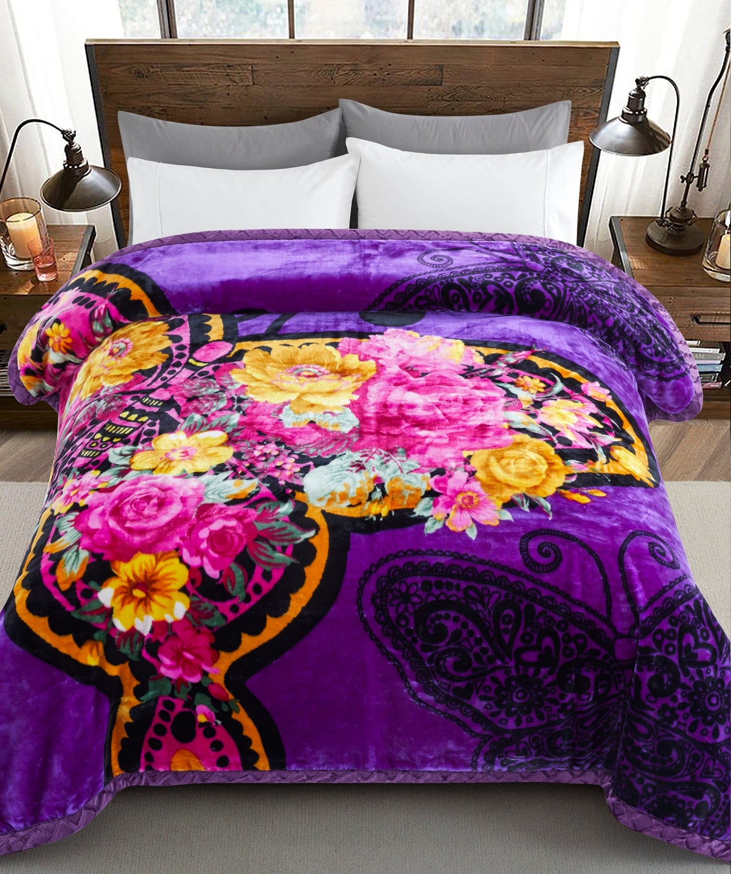 Reversible 11 LB Oversized Heavy Woven Fluffy Warm Korean Style Mink 2 Ply Flannel Fleece Throw Raschel Blanket Embossed Solid, Butterfly Floral