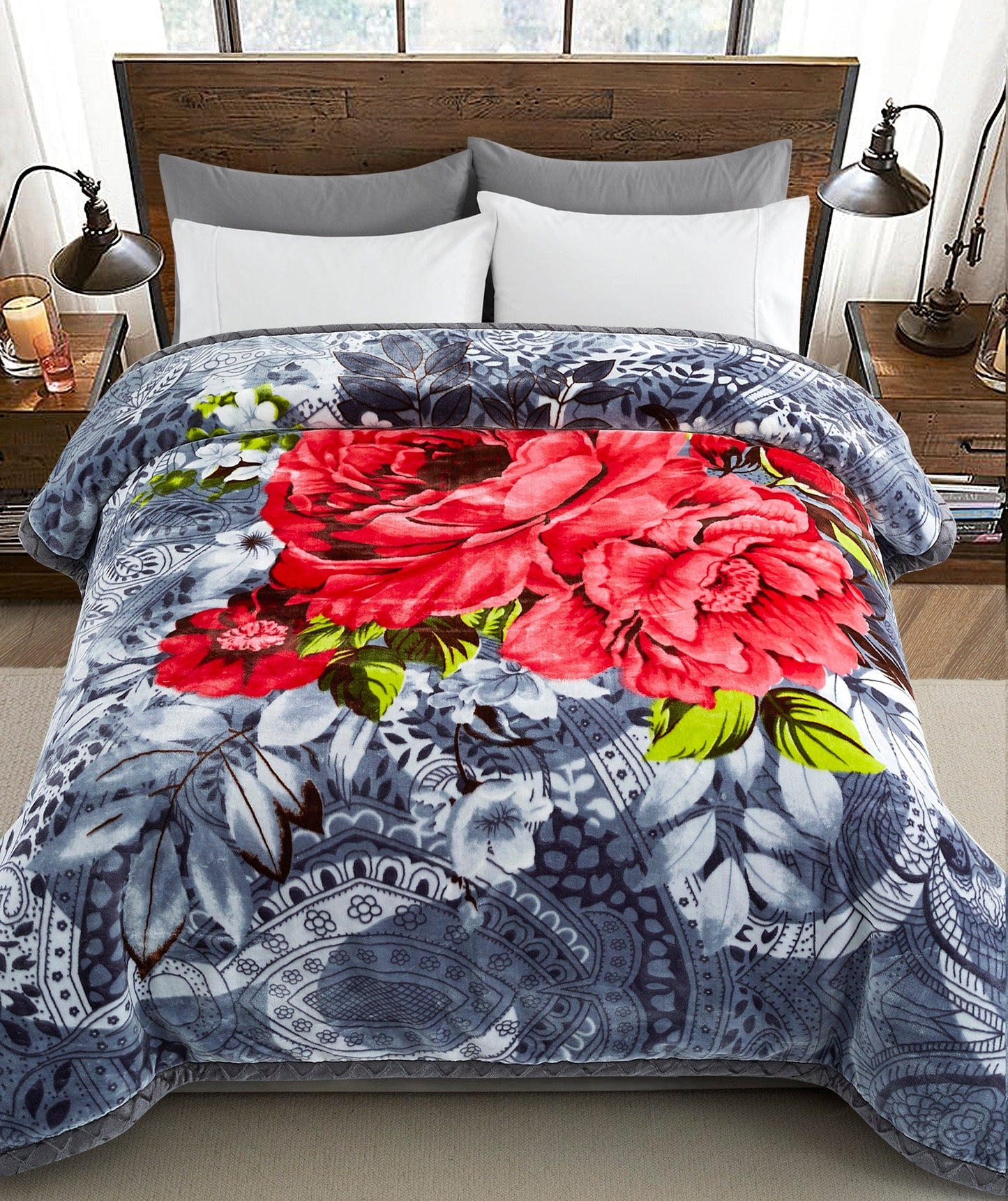 Reversible 11 LB Oversized Heavy Woven Fluffy Warm Korean Style Mink 2 Ply Flannel Fleece Throw Raschel Blanket Embossed Solid, Butterfly Floral