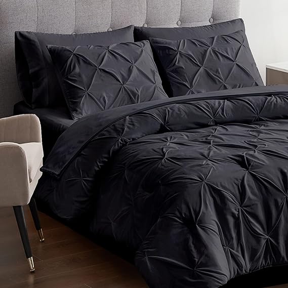 Queen Comforter Set 7 Pieces Pinch Pleat Bed in A Bag, Navy Comforter Queen Sets