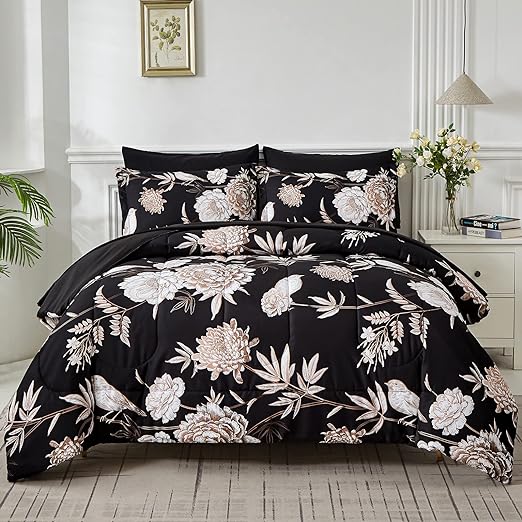 7 Piece Bed in a Bag Queen Comforter Set Botanical Floral Bedding Set ,White Flowers