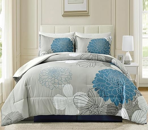 7 Pieces Bed in a Bag Green Comforter Set Queen Floral Comforter Soft Microfiber Bedding