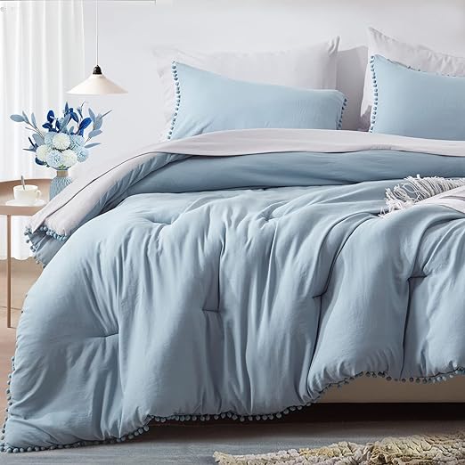 Queen Bed in a Bag 7-Pieces Reversible Comforter Set Queen, Pom Pom Fringe Washed