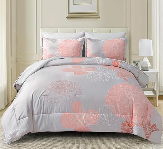 7 Pieces Bed in a Bag Green Comforter Set Queen Floral Comforter Soft Microfiber Bedding