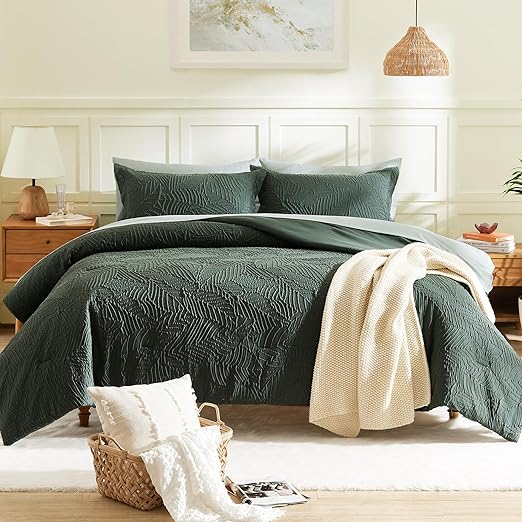 Queen Comforter Set, Bed in a Bag Sage Green 7-Pieces, Botanical Pattern, All Season