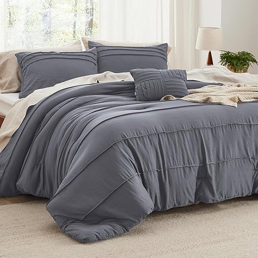 Navy Blue Queen Comforter Set - 4 Pieces Pinch Pleat Bed Set, Down Alternative Bedding