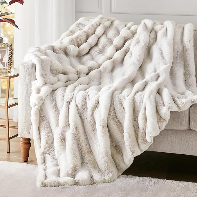 Luxury Ruched Faux Fur Throw Blanket Ultra Soft Cozy Puzzy Throw Plush Black Mink Blankets