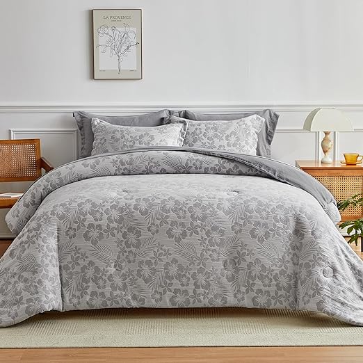 King Comforter Set, White Blue Floral Bedding Comforter Sets, Botanical Flower Leaves
