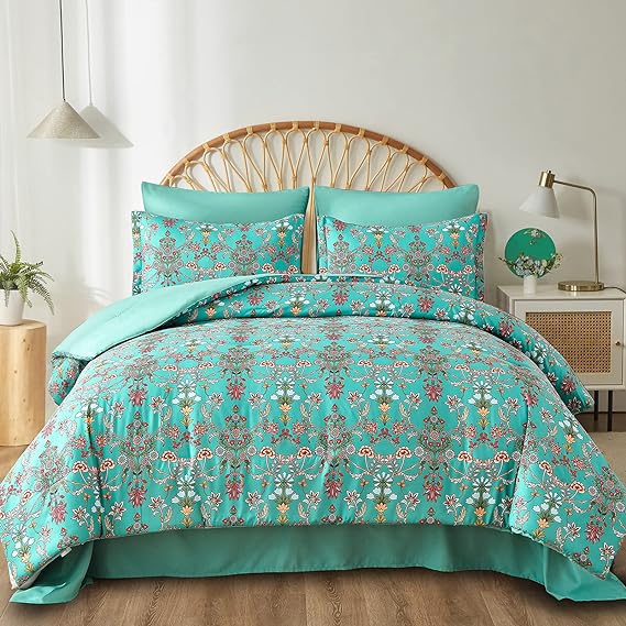 7 Piece Bed in A Bag King Floral Comforter Set, Pink and Blue Botanical Flowers Leaves Comforter and Sheet Set