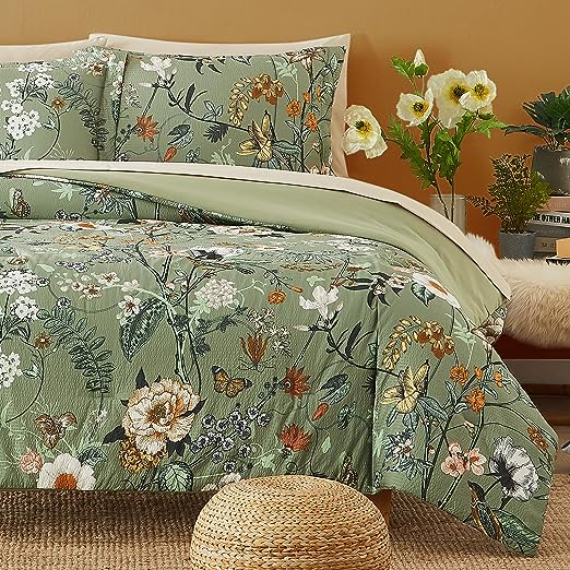 Queen Comforter Set, 8 PCS White Floral Comforter Set with Flowers Leaves Pattern