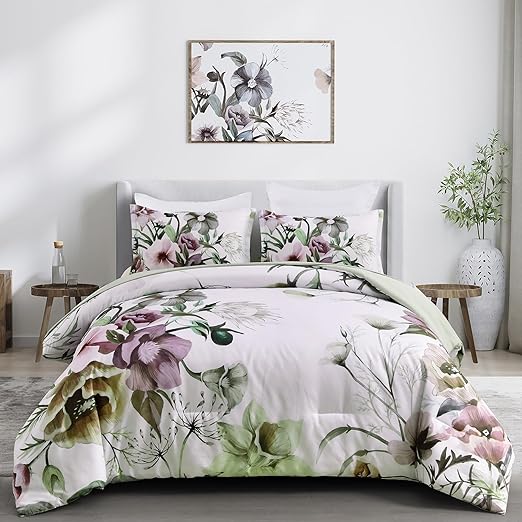 Green Comforter Set Queen, 7 Pieces Bed in a Bag Embroidery Floral Comforter