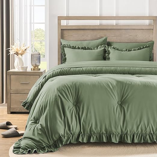 Queen Bed in a Bag 7 Pieces Comforter Set Queen, Ruffle Bedding Comforter Set Dark
