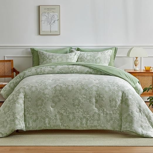 King Comforter Set, White Blue Floral Bedding Comforter Sets, Botanical Flower Leaves