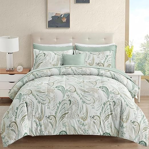 Boho Comforter Set Queen, 8 Pieces Bed in a Bag Blue Paisley Floral Comforter Set