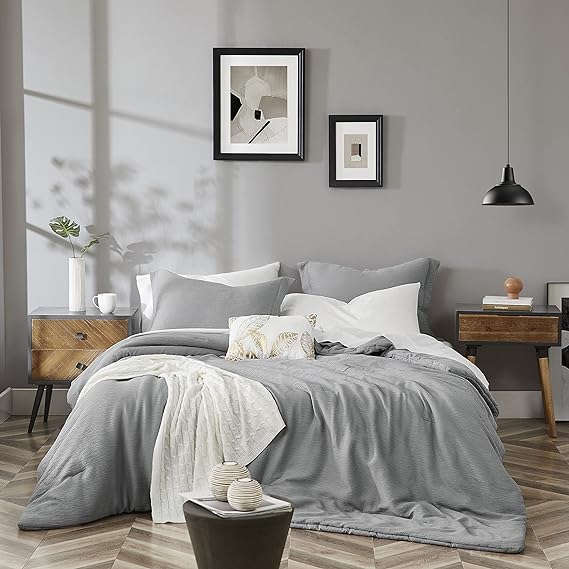 King Comforter Set, Textured Design Blue Leaves Printed Comforter King Size