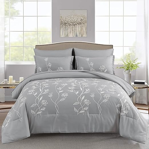 Green Comforter Set Queen, 7 Pieces Bed in a Bag Embroidery Floral Comforter