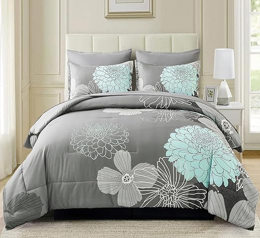 7 Pieces Bed in a Bag Green Comforter Set Queen Floral Comforter Soft Microfiber Bedding