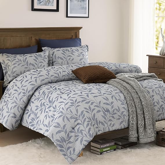 King Comforter Set, Textured Design Blue Leaves Printed Comforter King Size